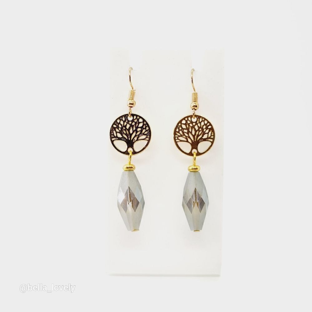 Tree of Life Drop Dangle Handmade Glass Beaded Earrings Jewelry Gold Toned